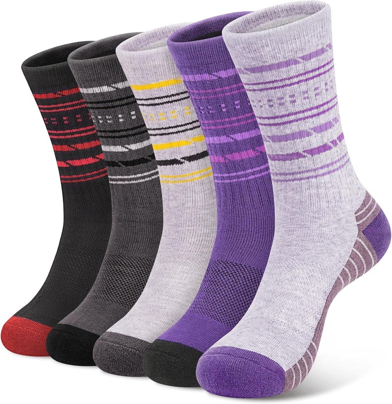SEEKSOCK Store 5 Pairs Womens Merino Wool Hiking Socks Winter Warm Crew Moisture Wicking Thick Cushioned Striped Boot Socks - Image 1